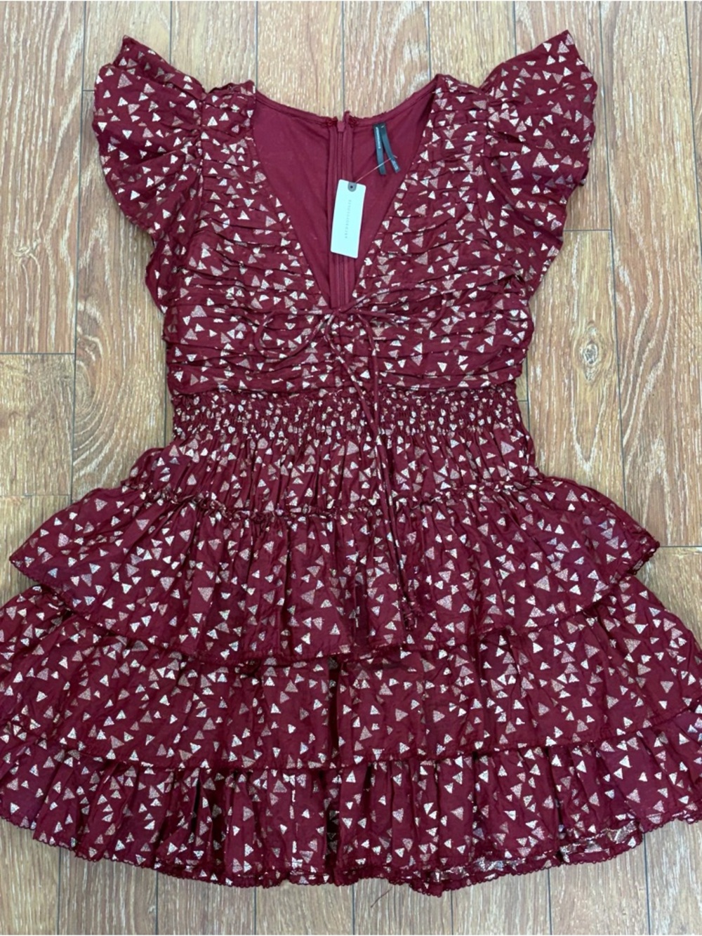 Anthropologie Ruffled Burgundy Triangle Print Mini Dress - Sz S